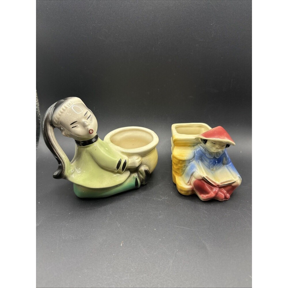Vtg 40's Shawnee Chinese Girl Reading Planter #574 AND Vtg C.1950 ELSA Asian Man